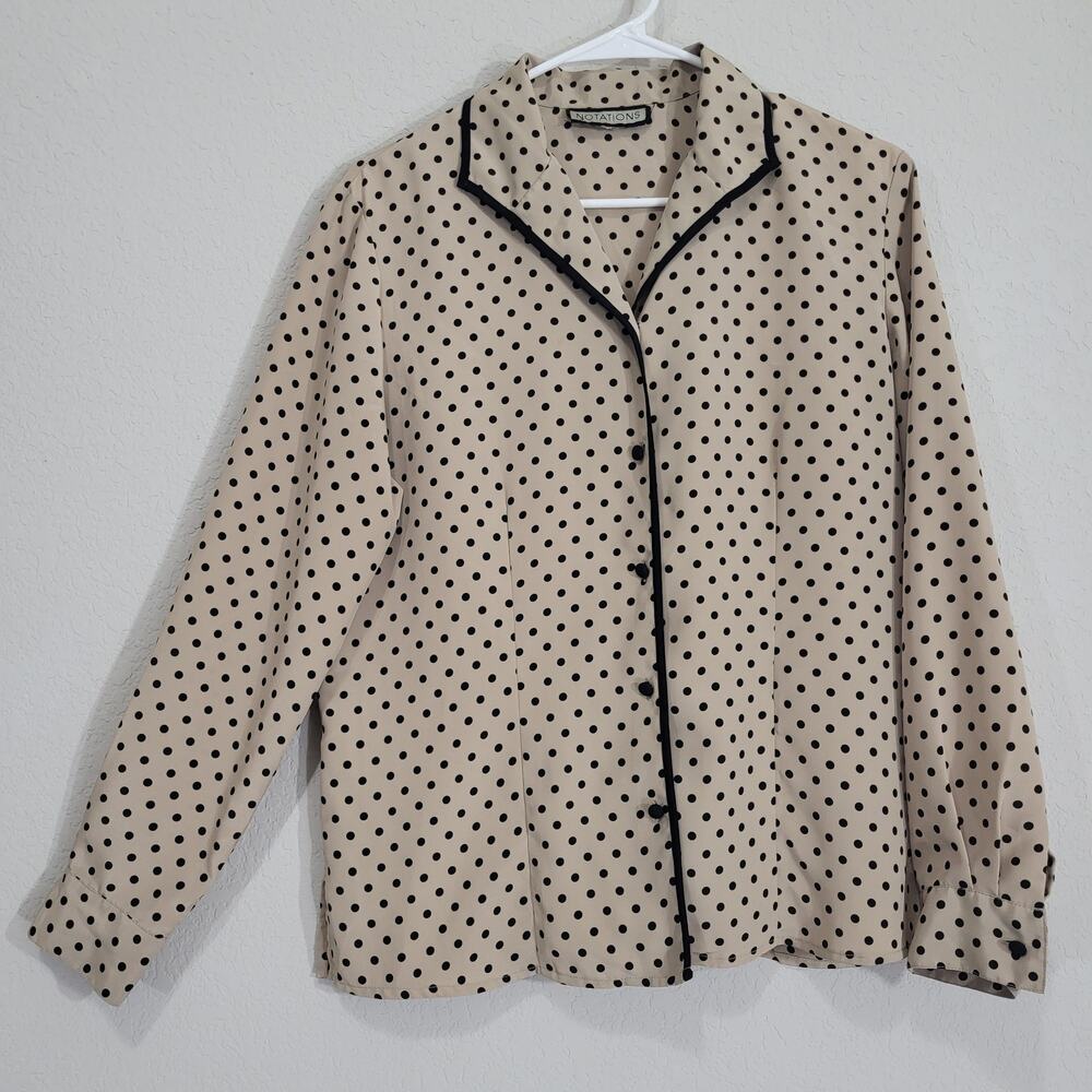 Vintage Blouse Notations Womens Large Tan Beige Black Polka Dot Y2K 90s Office